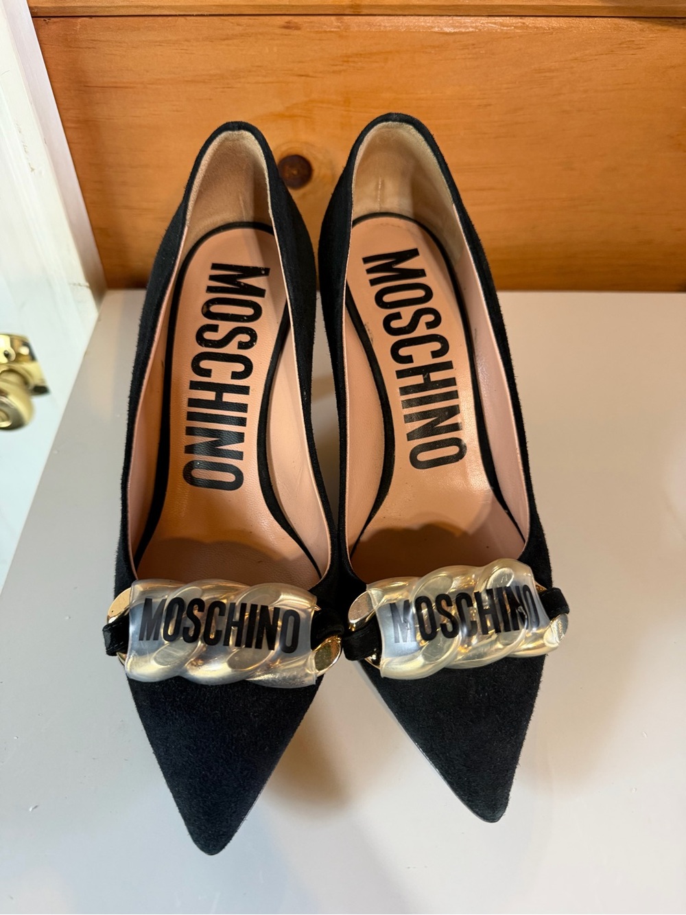 Moschino Black Pointed Toe Pumps with Logo Chain Accent - Picture 2 of 4